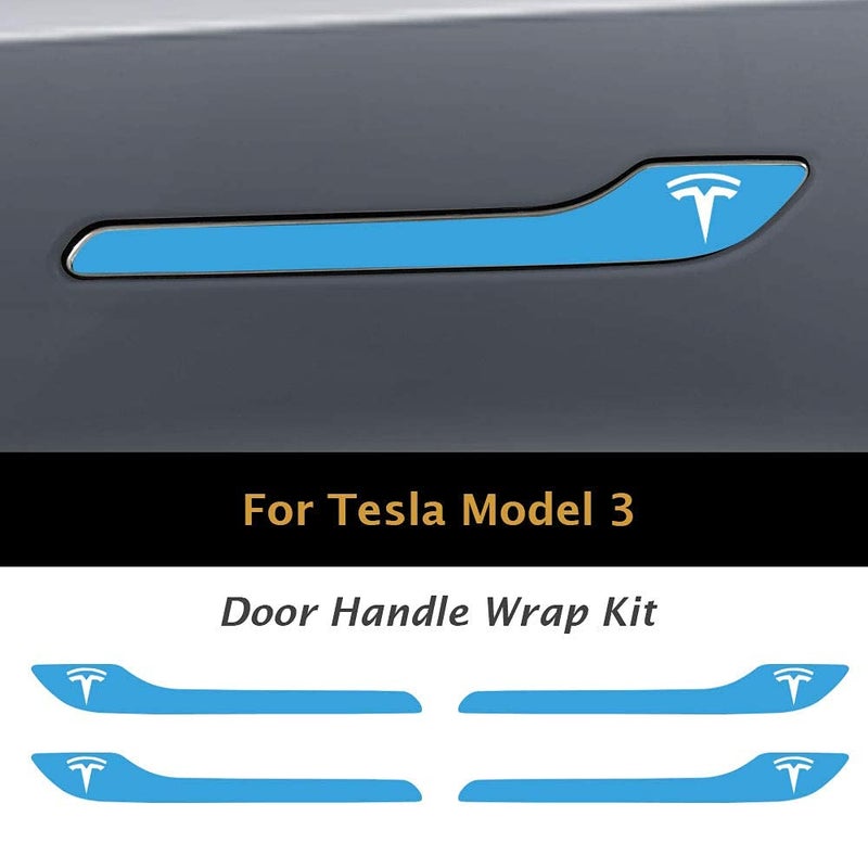 اي بس سي IPG لـ Tesla Model 3 / Model Y مجموعة ملصقات لاصقة لمقبض الباب (مجموعة من 4) مع شعار Tesla (أزرق فاتح لامع) - Image 3